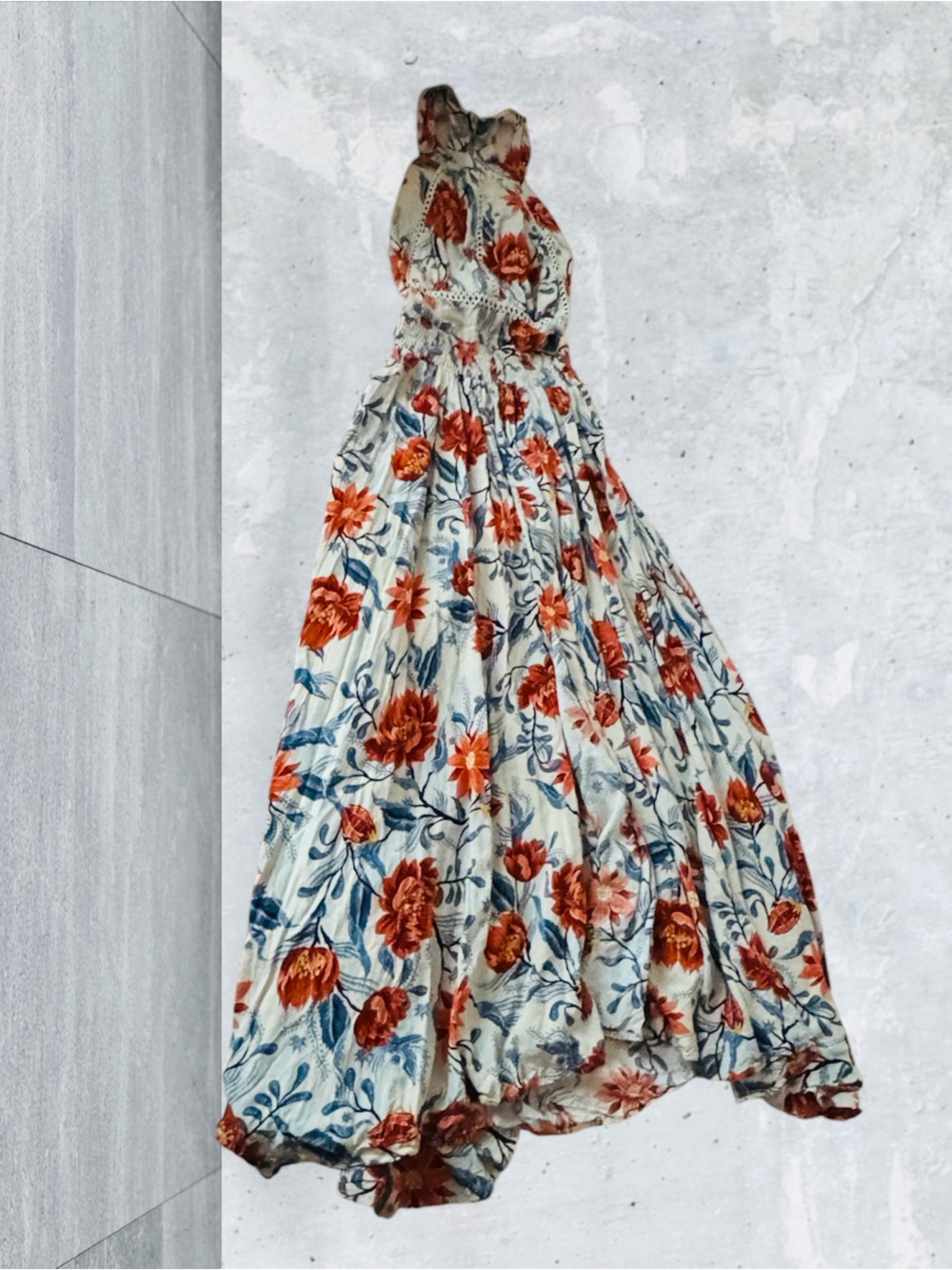 Floral Cream Maxi Skirt with Rust & Blue Blooms